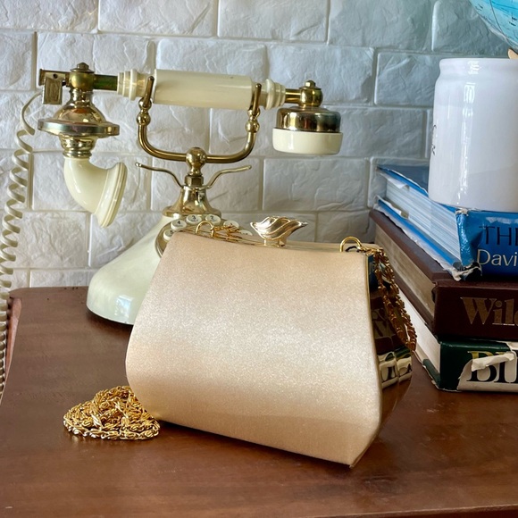 Vintage 90s Y2K Jessica McClintock Gold Satin Fabric Formal Bag Rhinestone Clasp - Picture 6 of 11